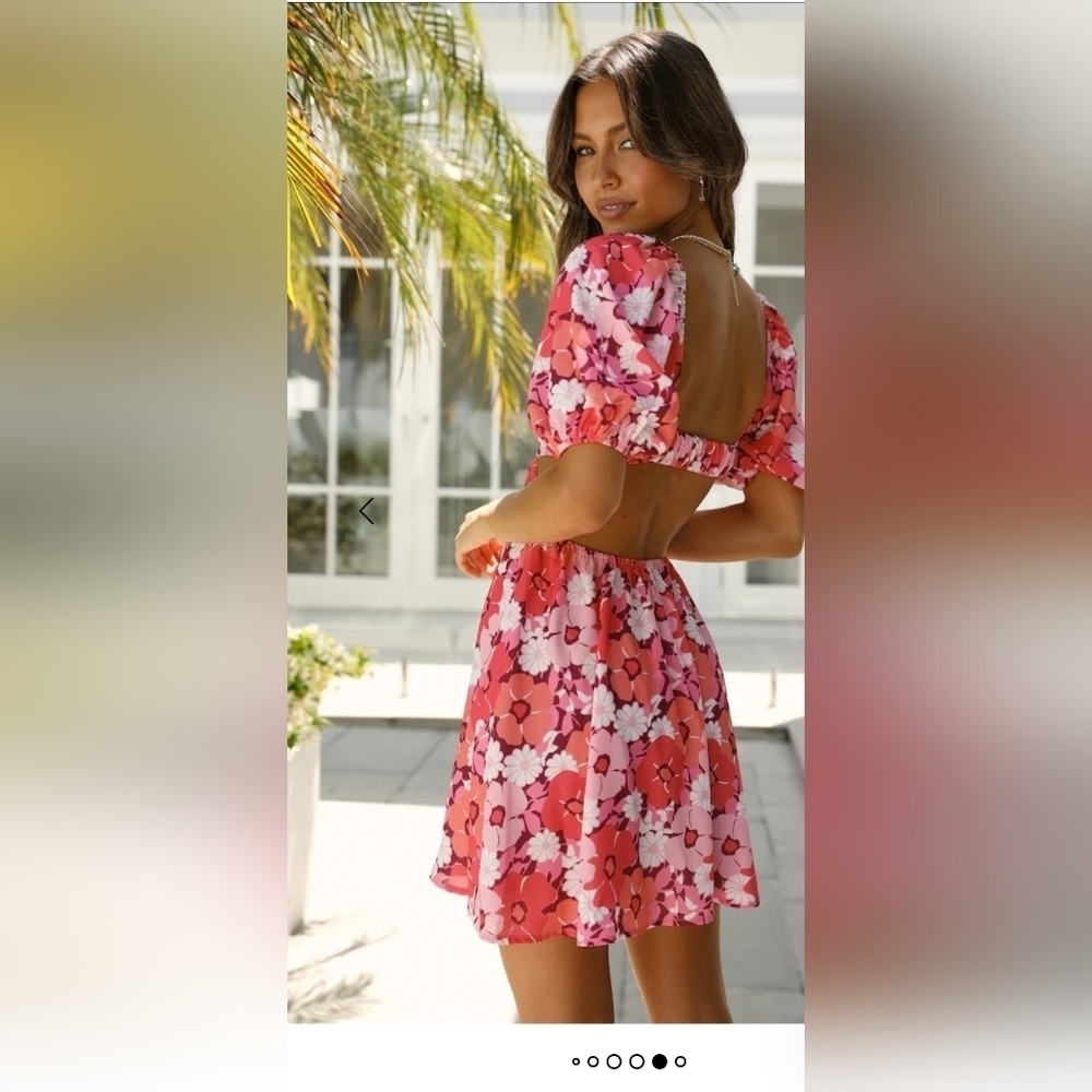Hello Molly Red/Pink Floral Puff Sleeve Open Back Dress Size 8 NWT